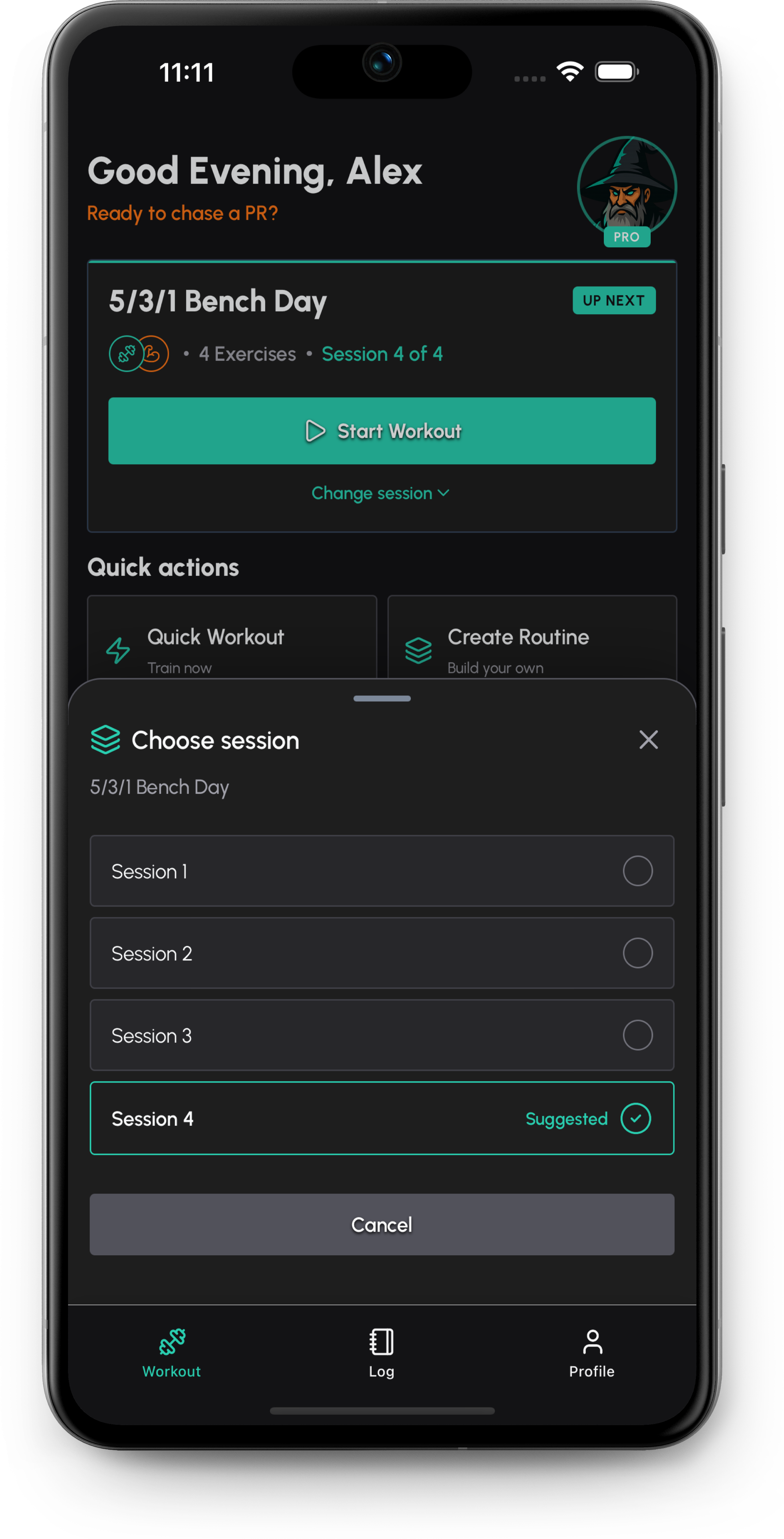 Barbell Wiz routine progression screen with planned strength work.