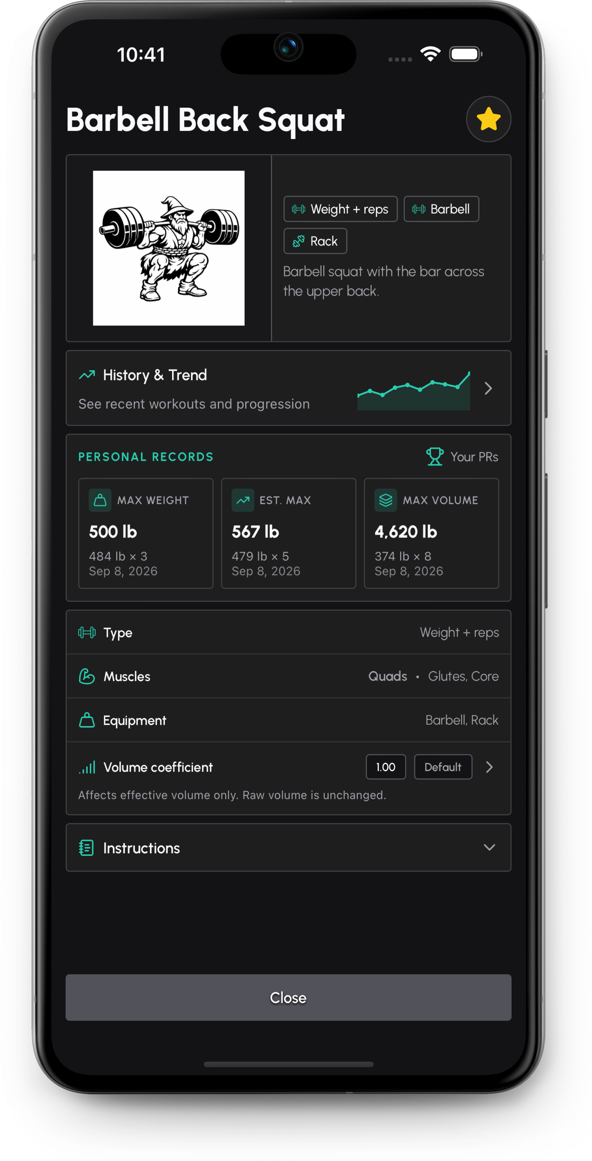 Barbell Wiz exercise details screen with records and lift history.