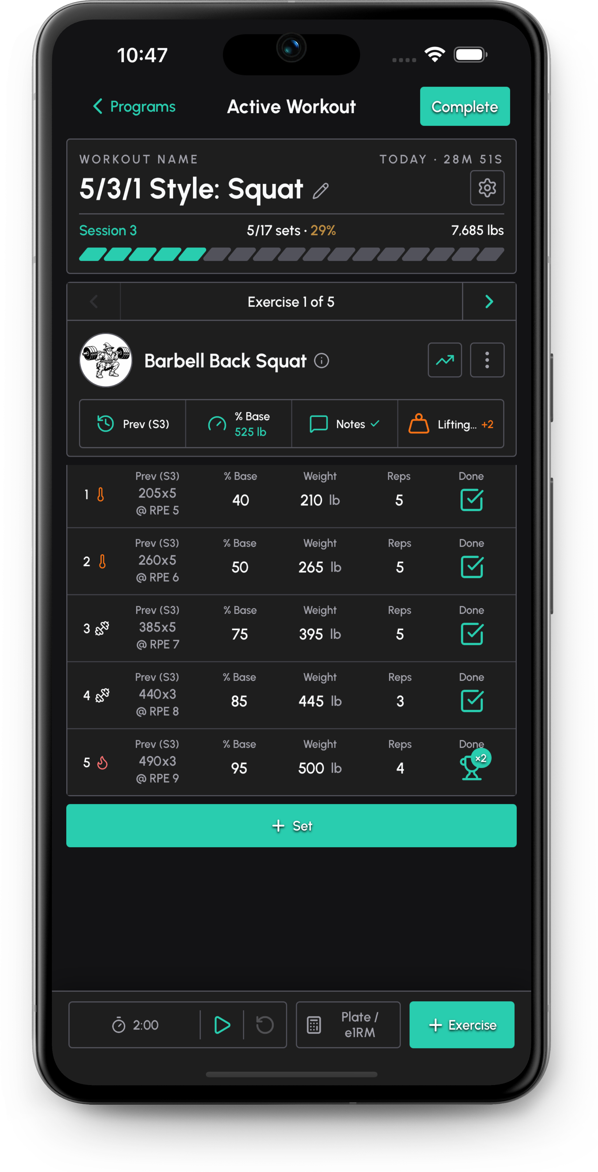 Barbell Wiz chart showing strength history scoped to a routine session.