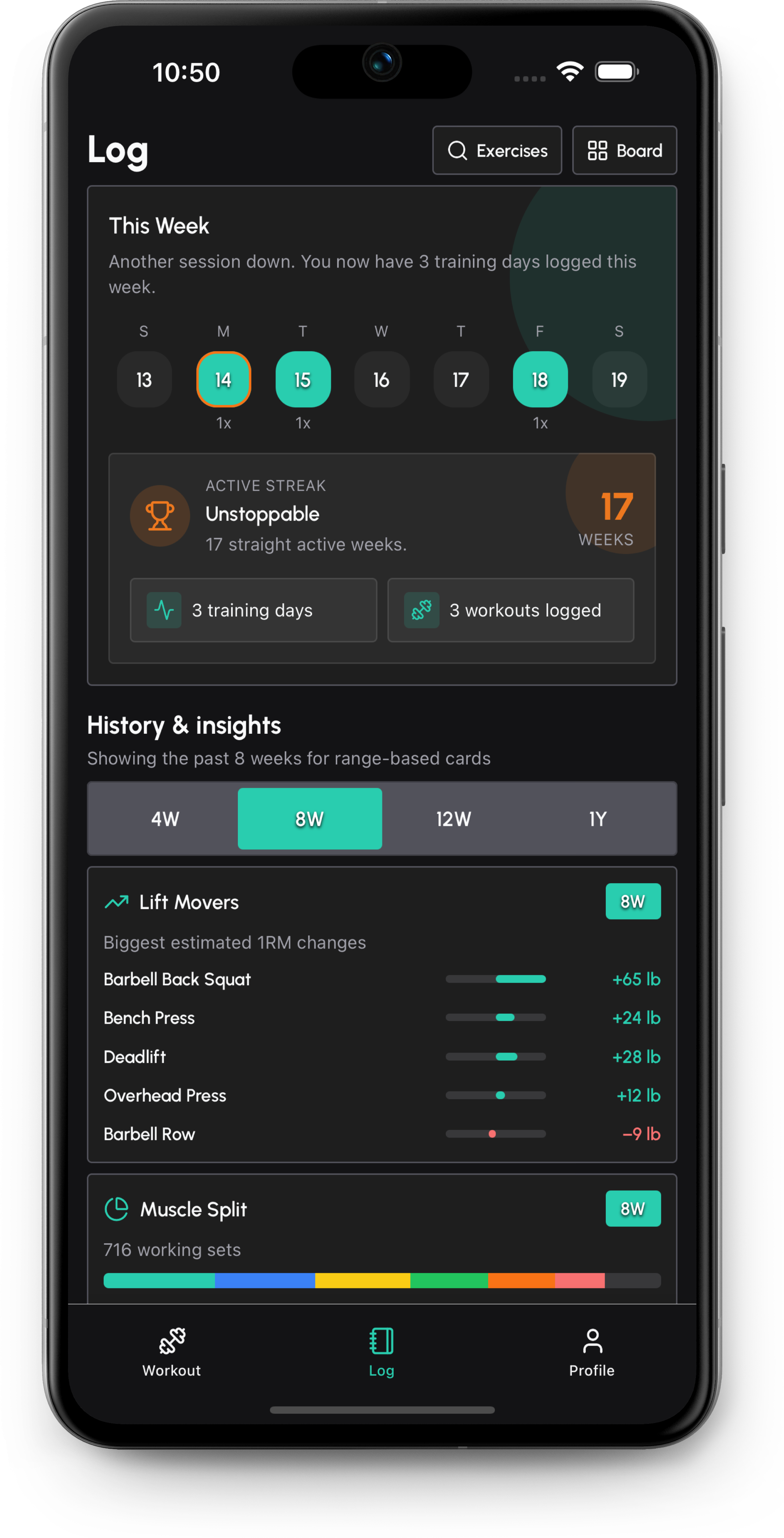 Barbell Wiz log overview screen with insights and workout history.