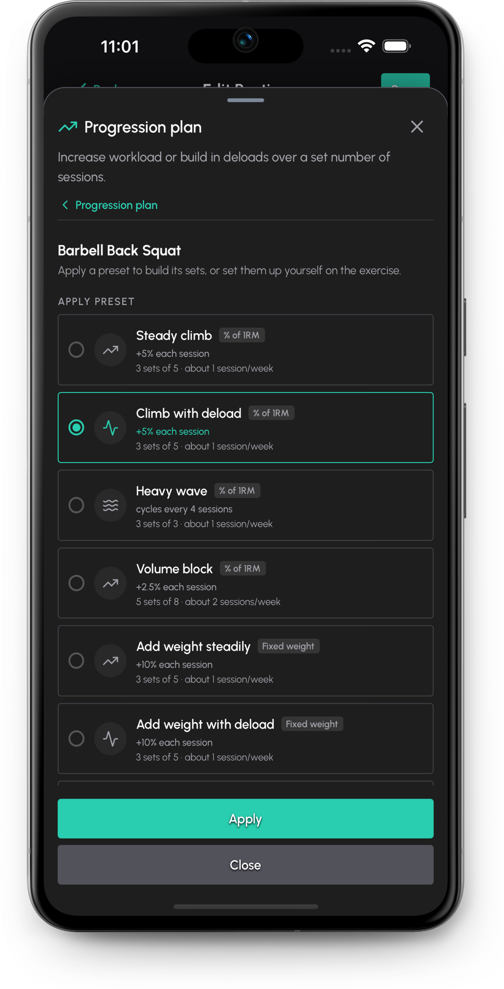 Barbell Wiz history screen for comparing strength progress by routine context.