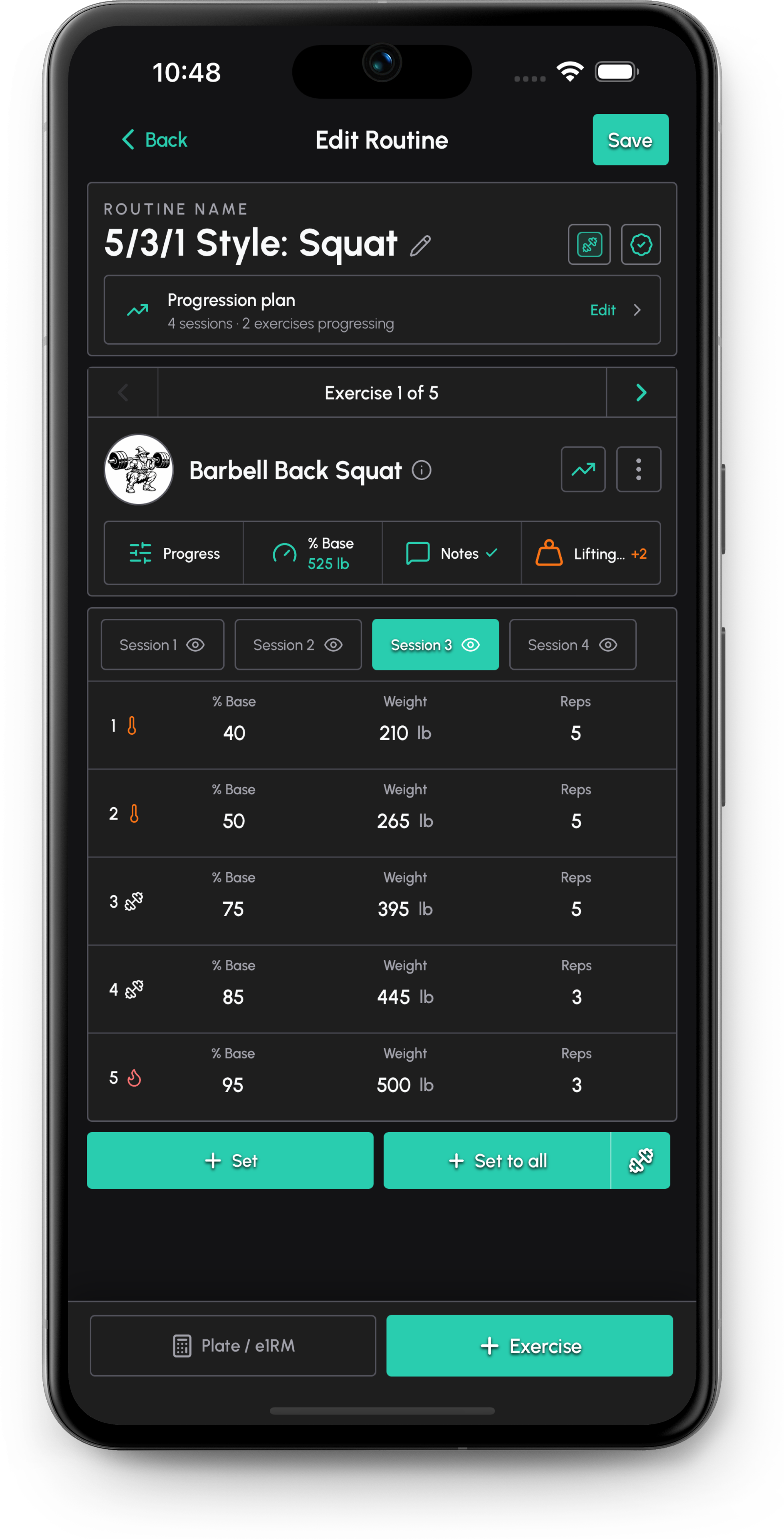Barbell Wiz progression screen for planning changing workout targets.